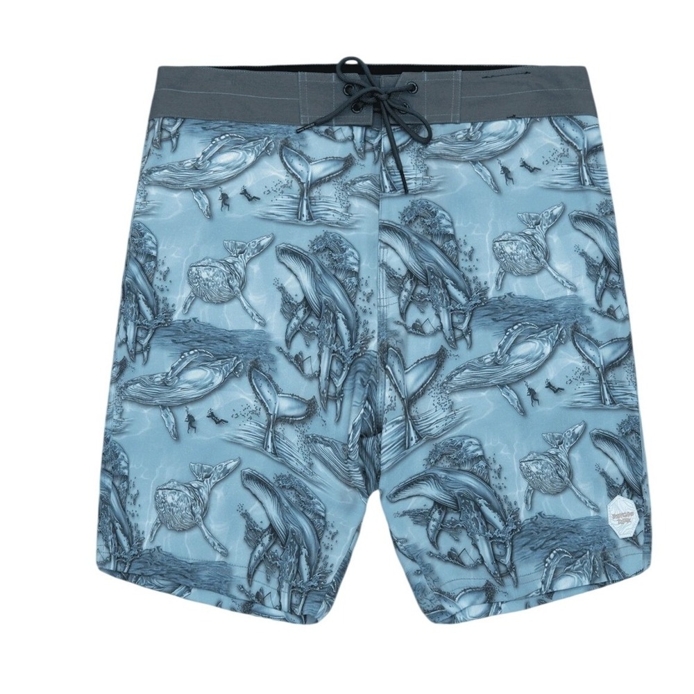 Psycho Tuna Boys Forget-Me-Not Blue Monsters Whale Board Shorts Size 27 14 NWT